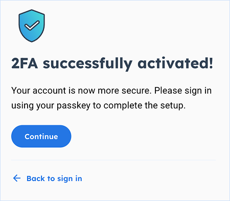 2FA Setup success message