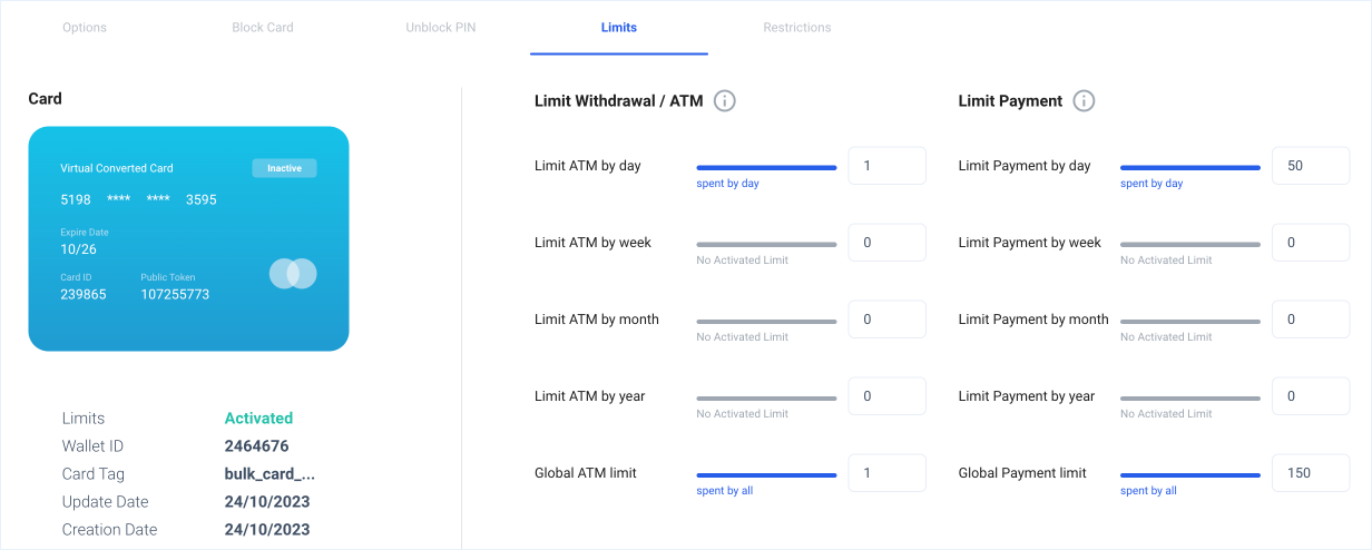 Card limits settings