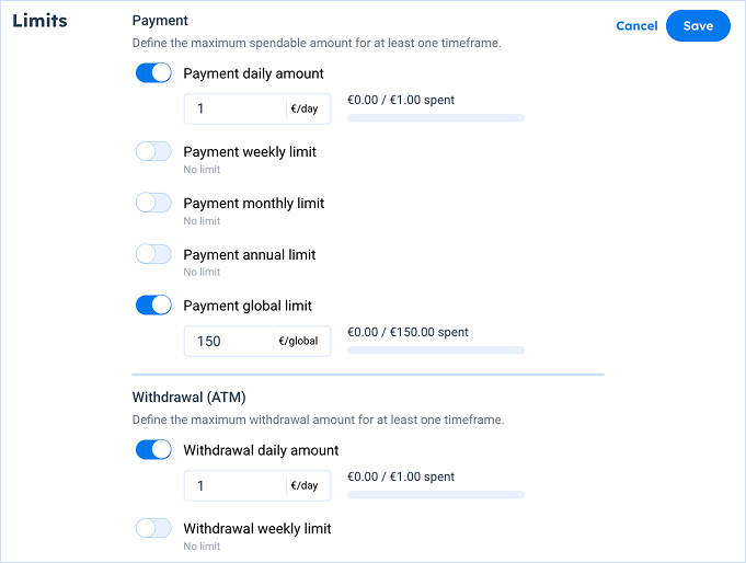 Card limits settings