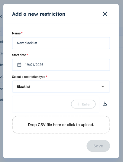 card predefined restriction groups create popup