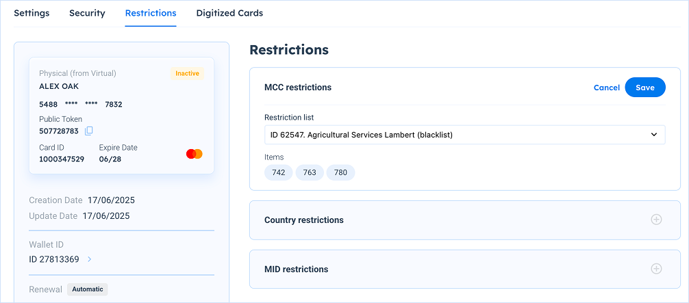 cards restrictiosn MCC edit