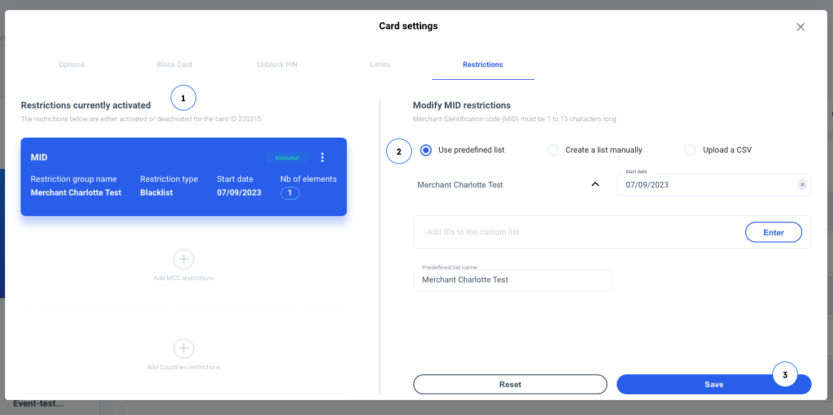 Card limits settings