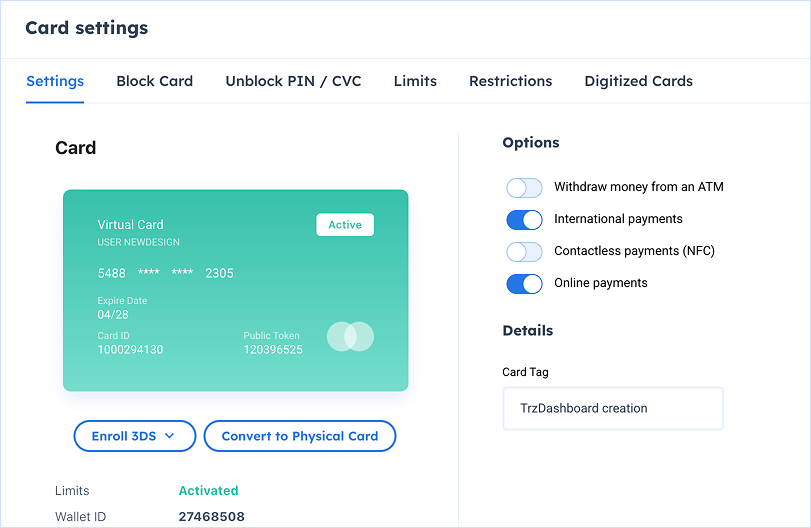 card settings popup