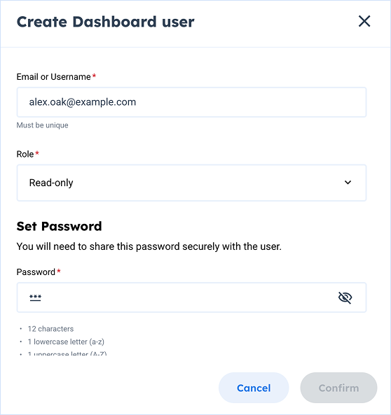 dashboard user creation popup