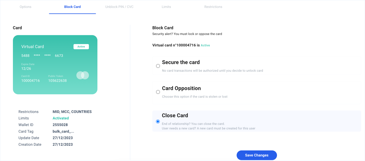 Block Card options