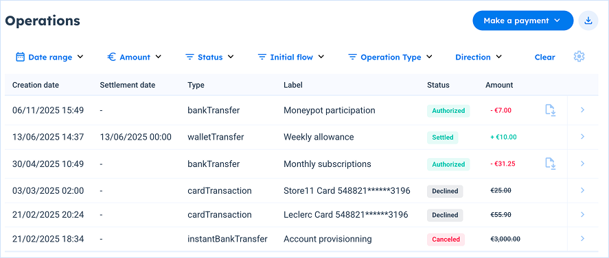 wallet operations section