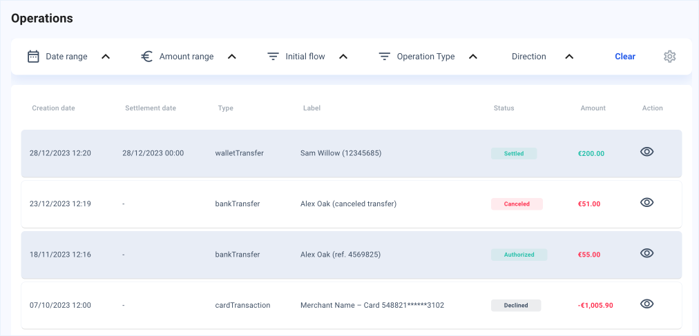 wallet operations section