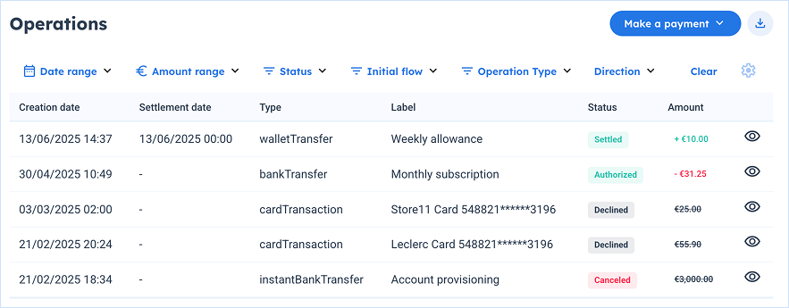 wallet operations section